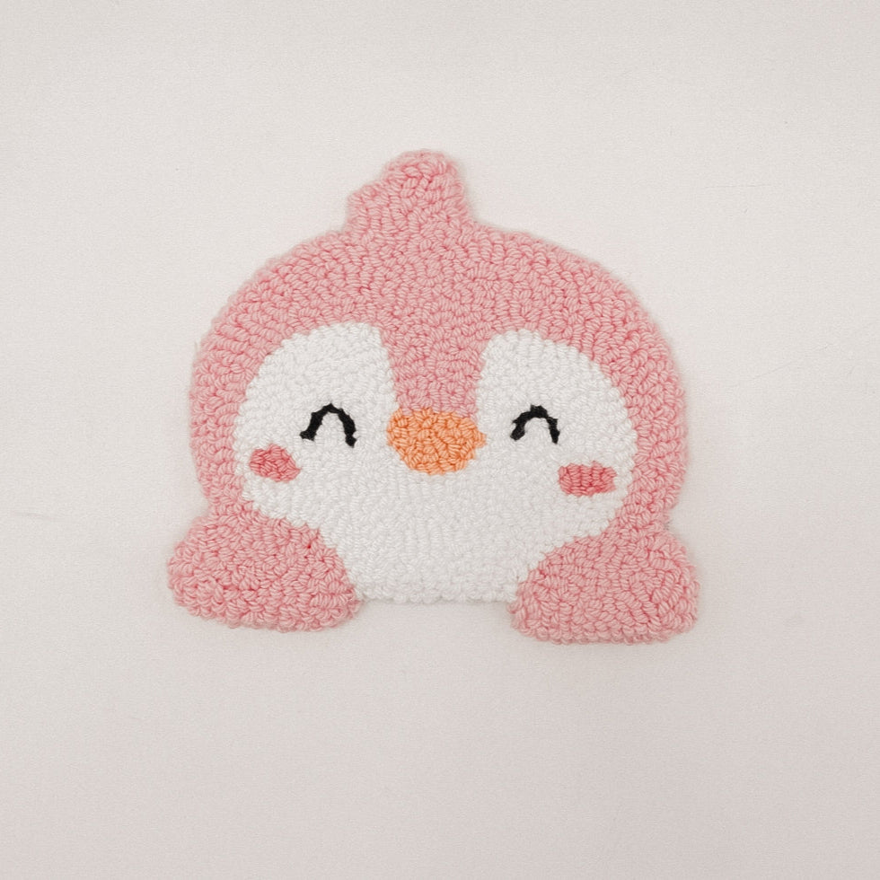 Blush Penguin Mug Rug – Winter Whimsy for Your Warmest Sips