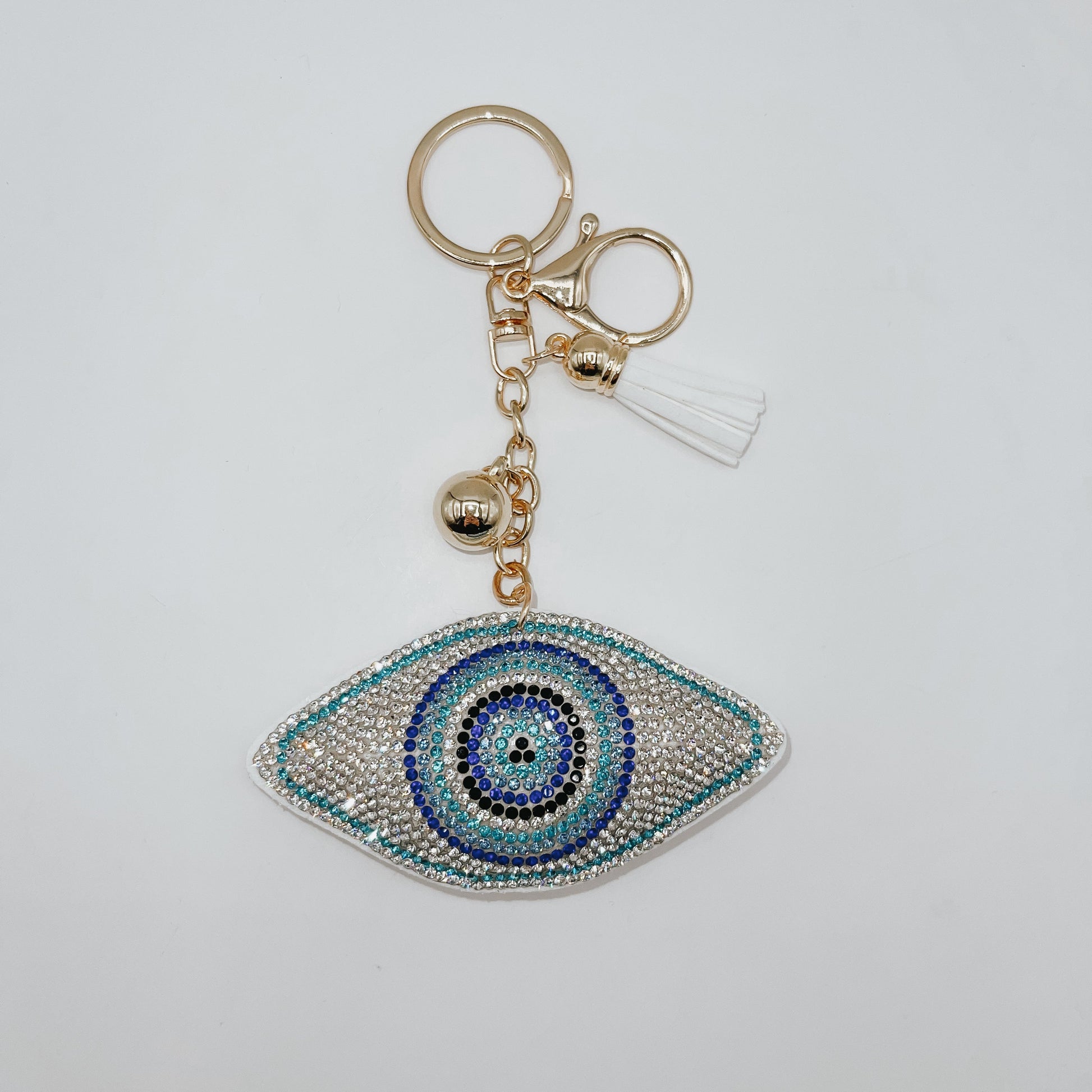 Iridescent Evil Eye Keychain – White & Aqua