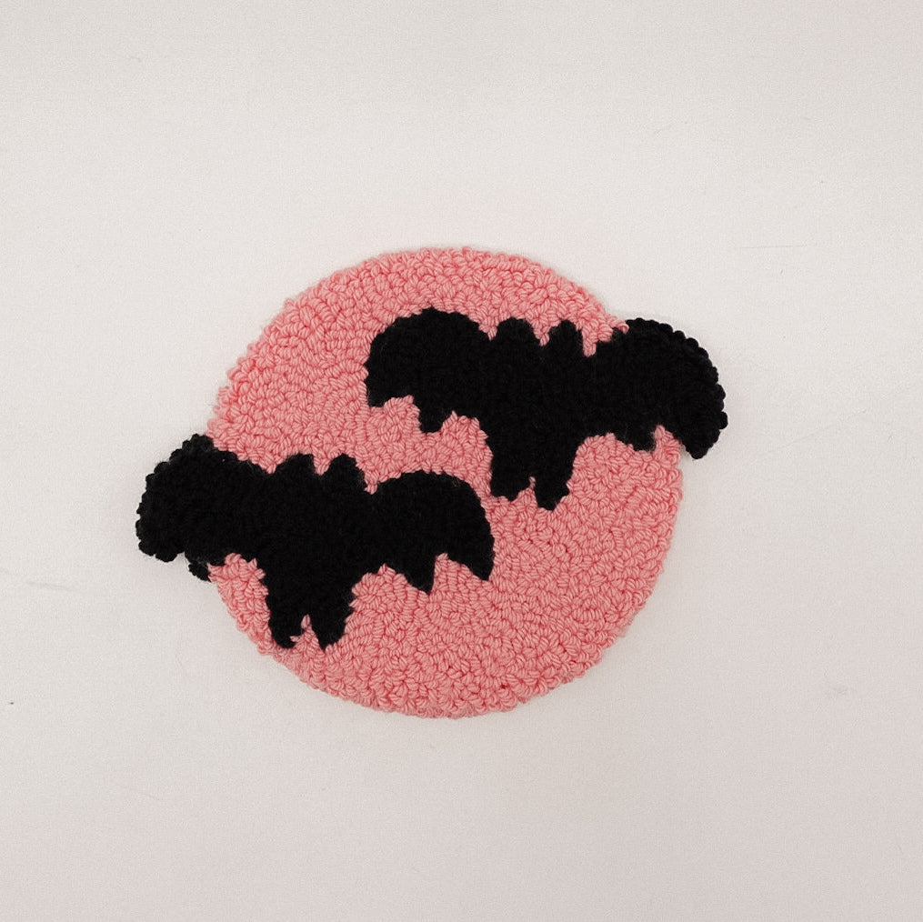 Pink Moon Bat Mug Rug – A Cozy Sip Under Spooky Skies