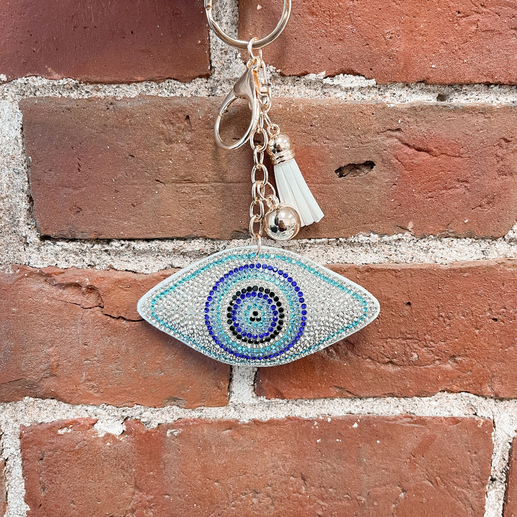 Iridescent Evil Eye Keychain – White & Aqua