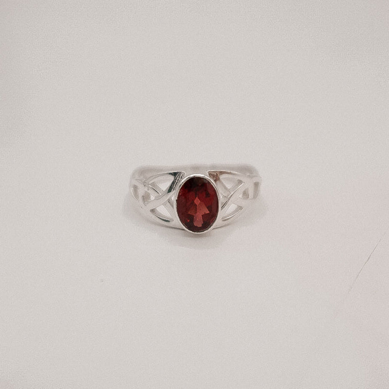 Fireside Rune Ring – Garnet & Celtic Weave