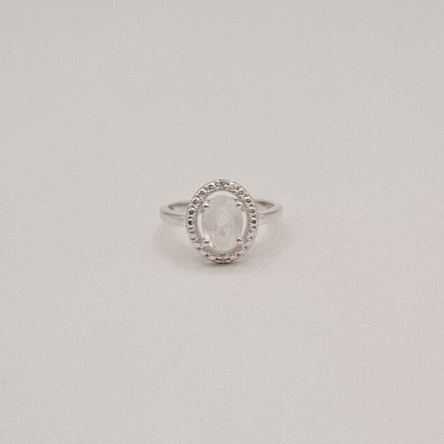 Celestial Veil Ring – Rainbow Moonstone in Silver Halo